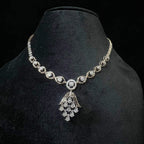 Radiant cascade diamond necklace set displayed on black velvet bust