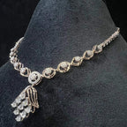 Radiant cascade diamond necklace set displayed on black velvet bust