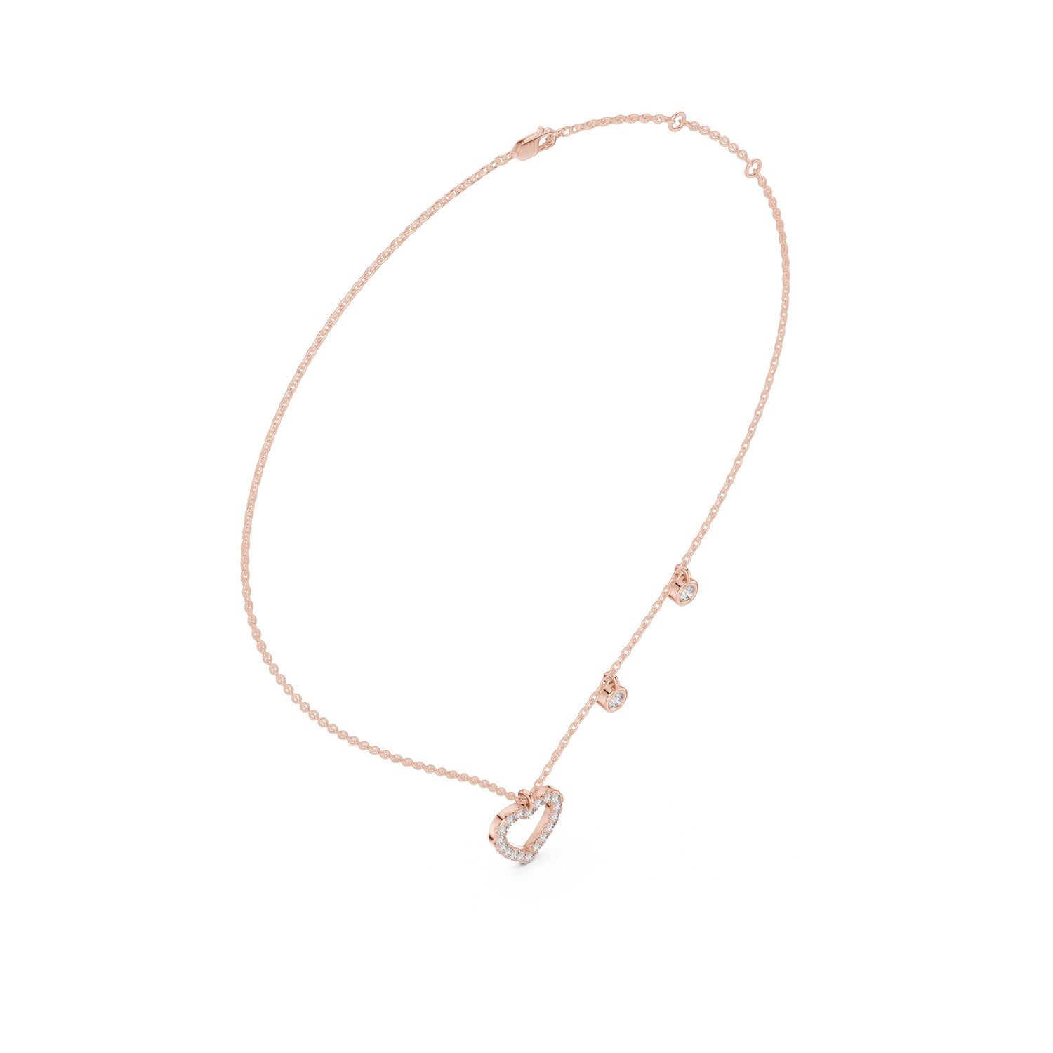 Rose gold necklace with a heart-shaped pendant on a white background