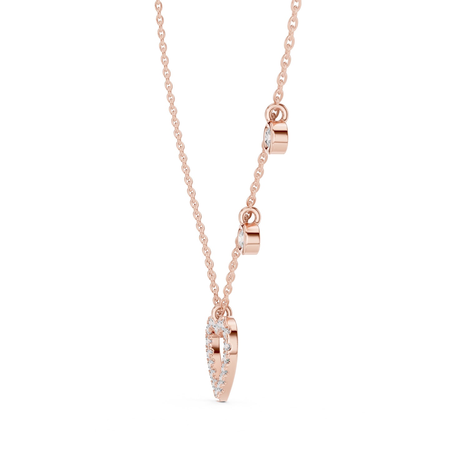 Rose gold necklace with a heart-shaped pendant on a white background