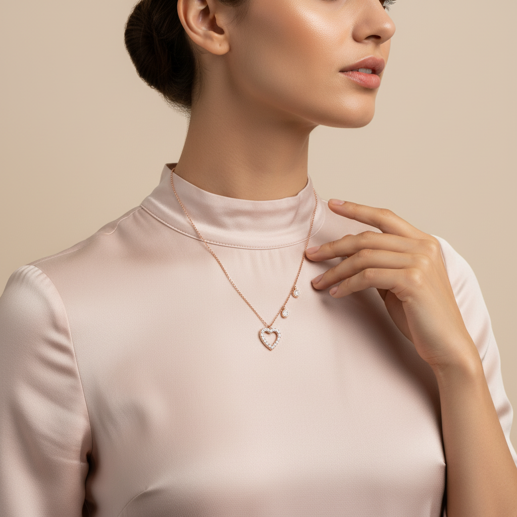 Woman wearing a delicate diamond necklace with a heart pendant on a beige background