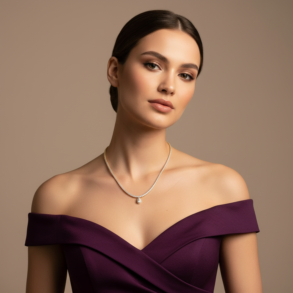 Woman wearing a purple off-shoulder dress and diamond pendant tennis necklace against a beige background