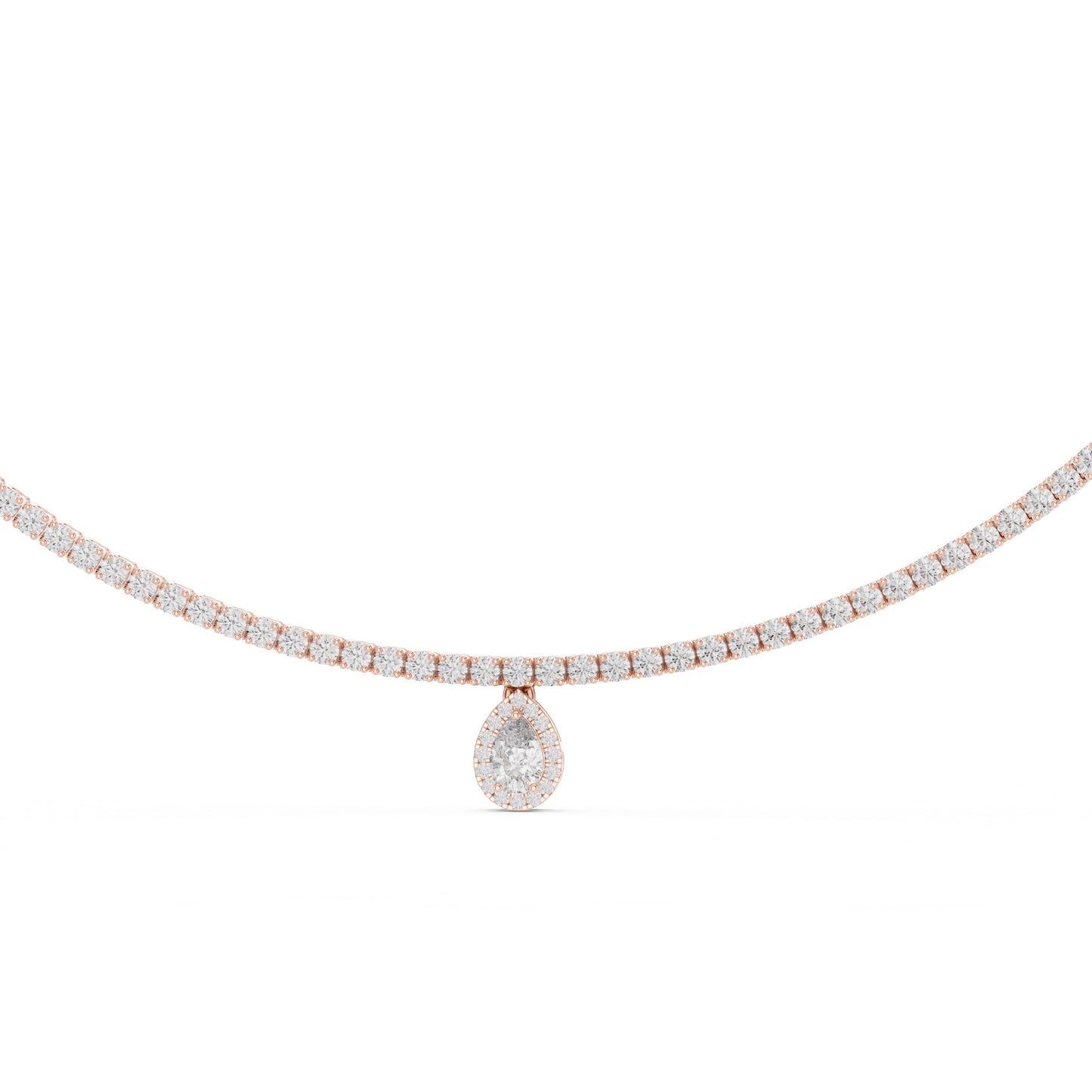 Gold and diamond tennis necklace with a small pear shape diamond pendant on a white background.