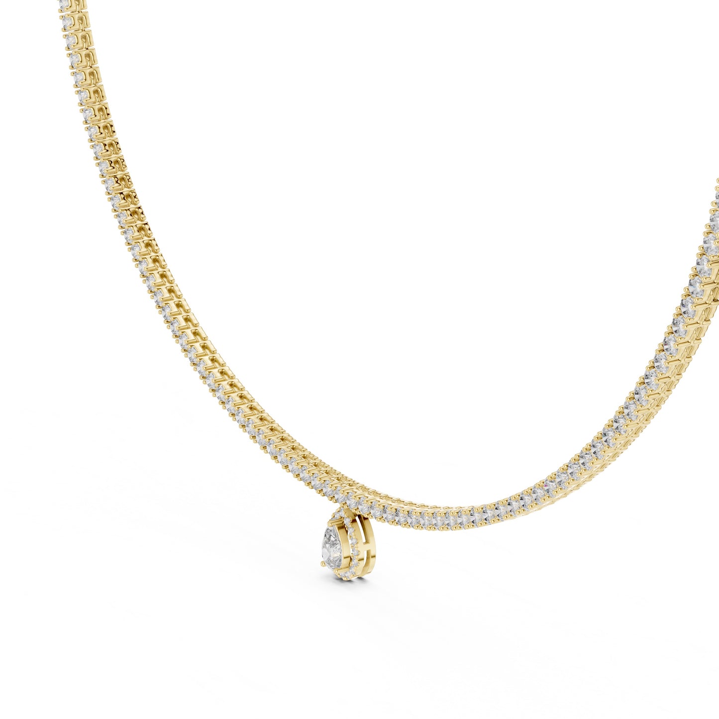 Gold and diamond tennis necklace with a small pear shape diamond pendant on a white background.