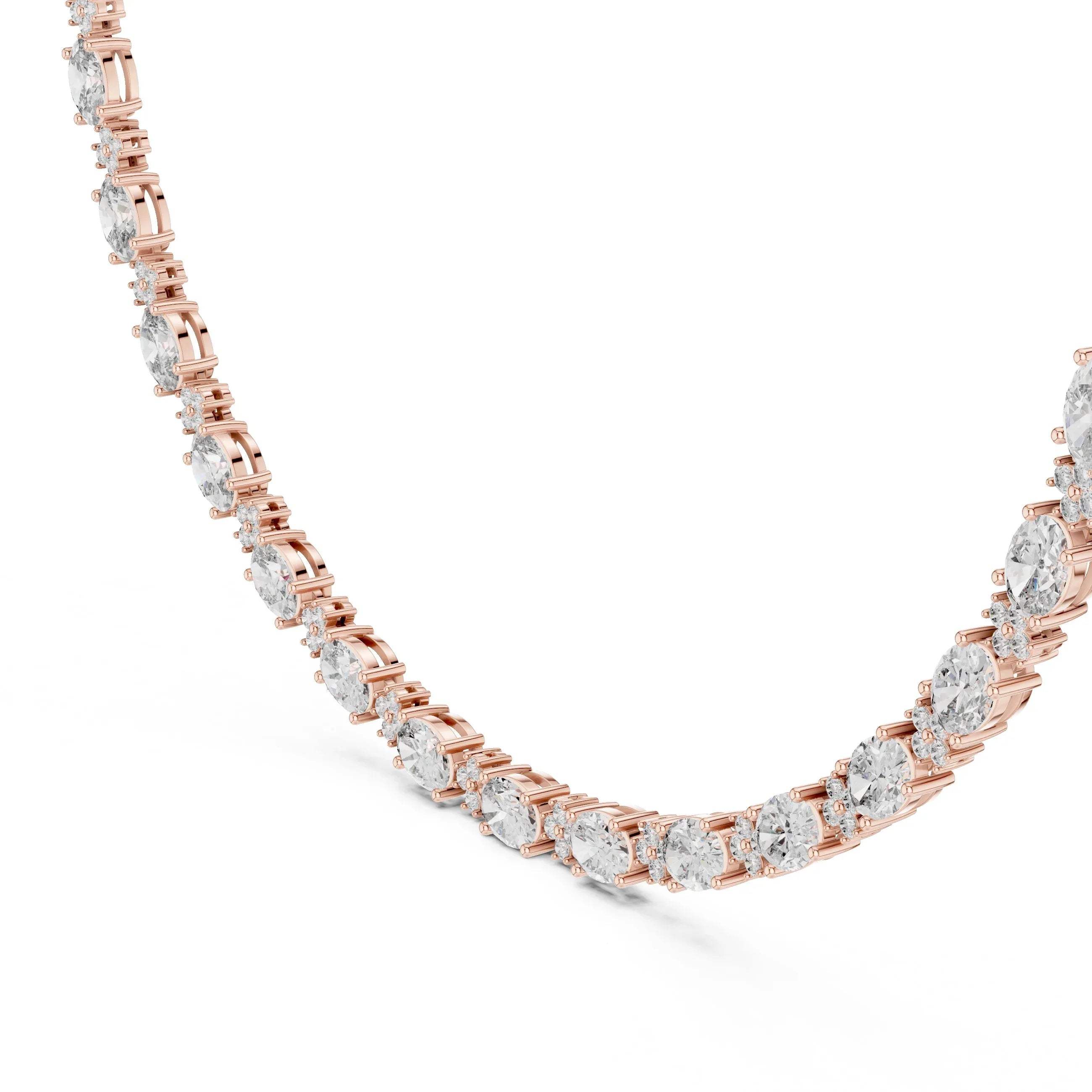 Rose gold necklace with diamonds on a white background