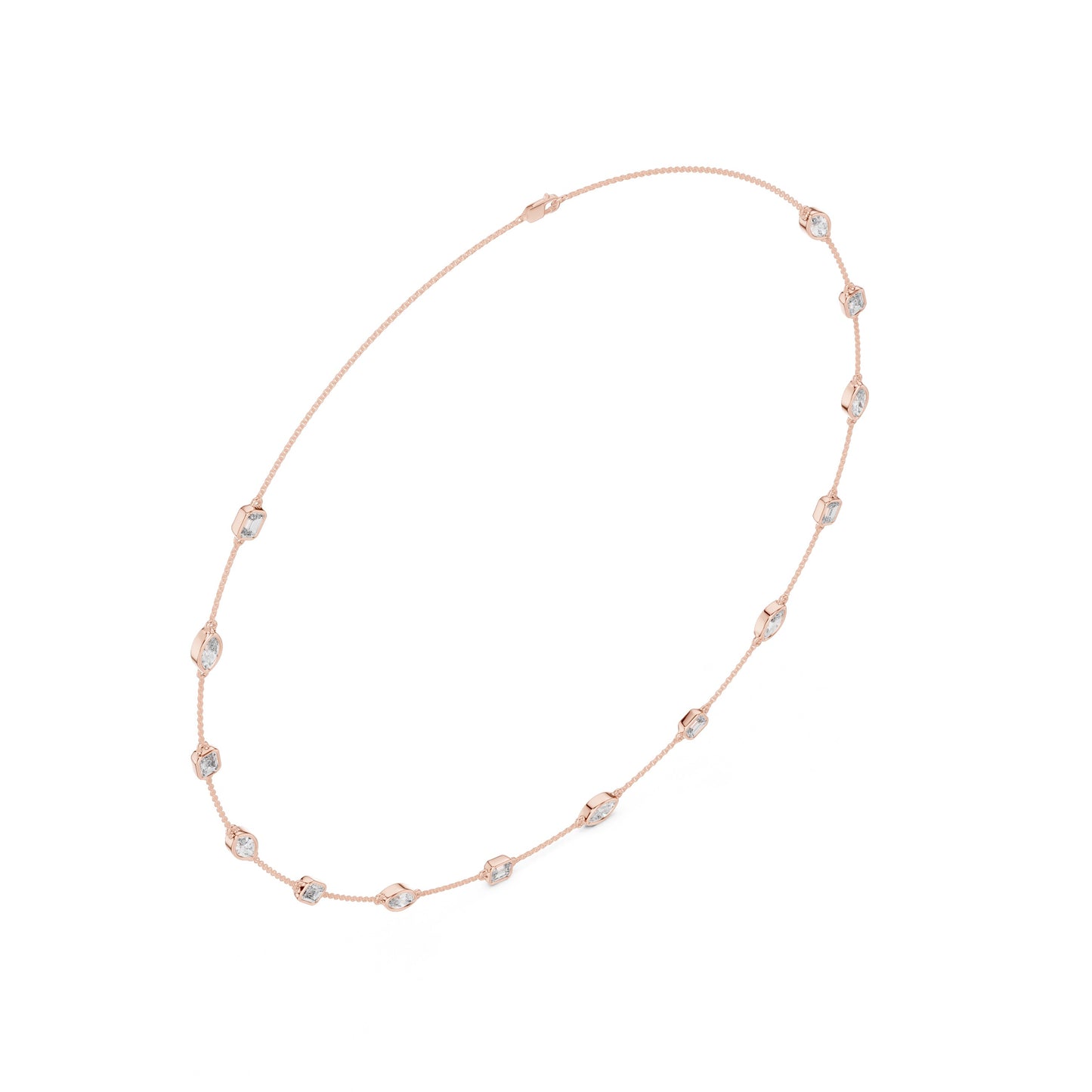 Rose gold necklace with diamonds on a white background