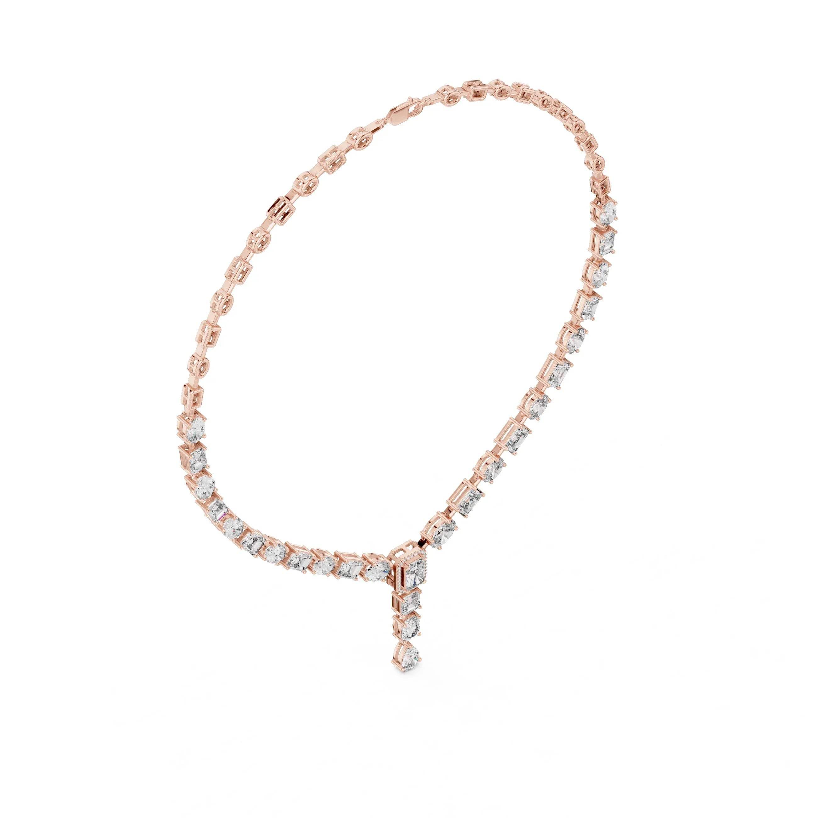 Rose gold necklace with clear real diamonds on a white background