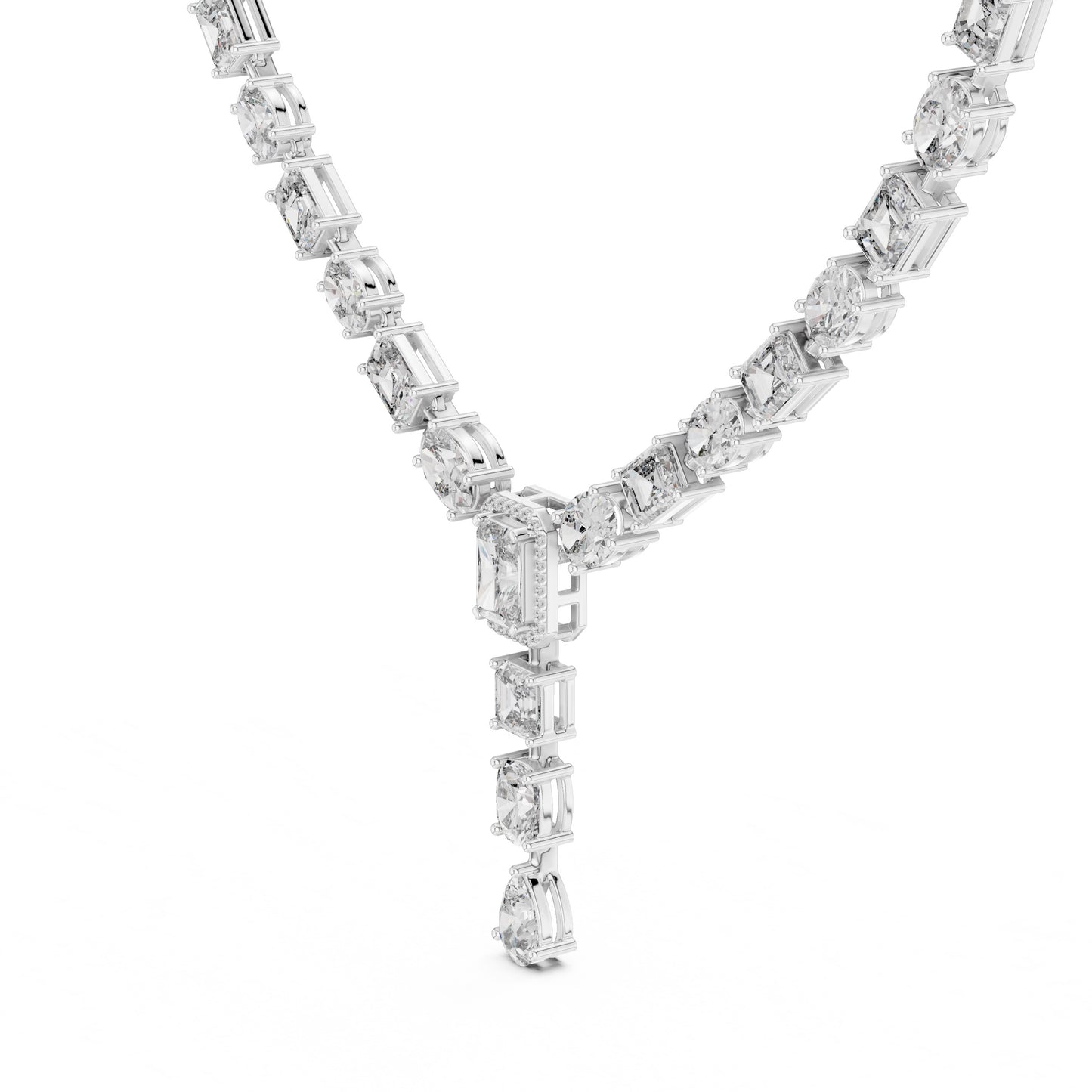 Diamond necklace with various cut diamonds on a white background