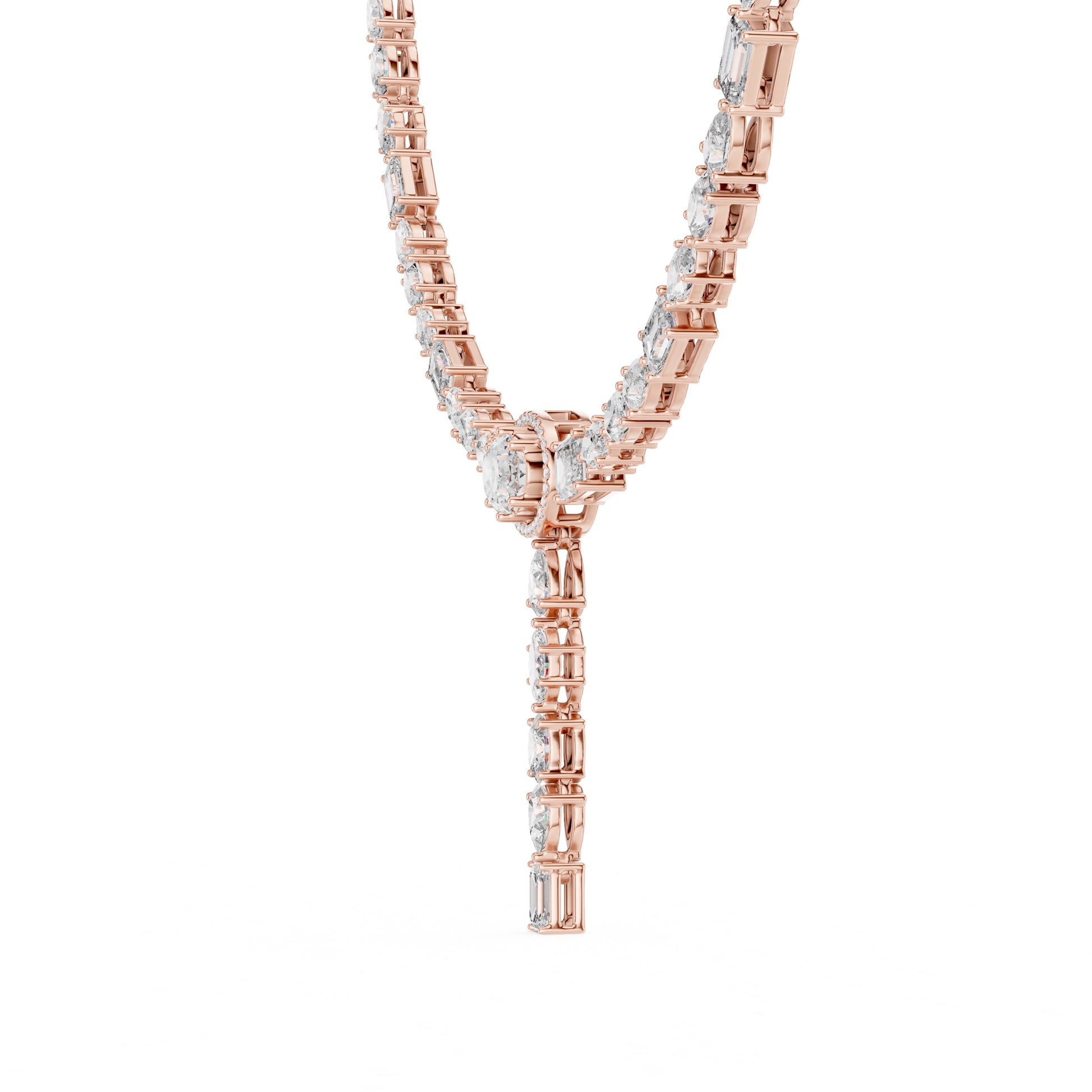 Rose gold necklace with diamonds on a white background