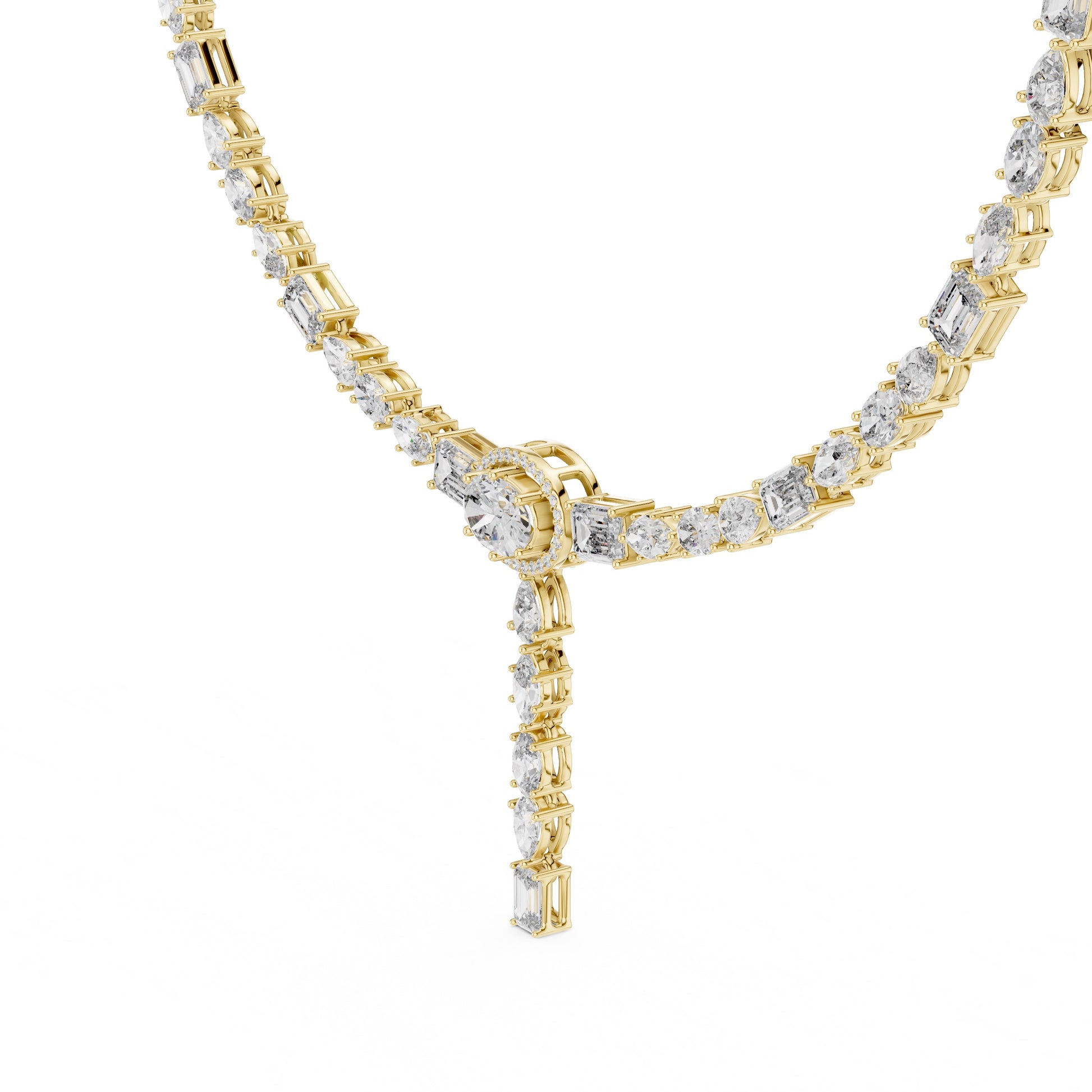 Gold necklace with diamond accents on a white background