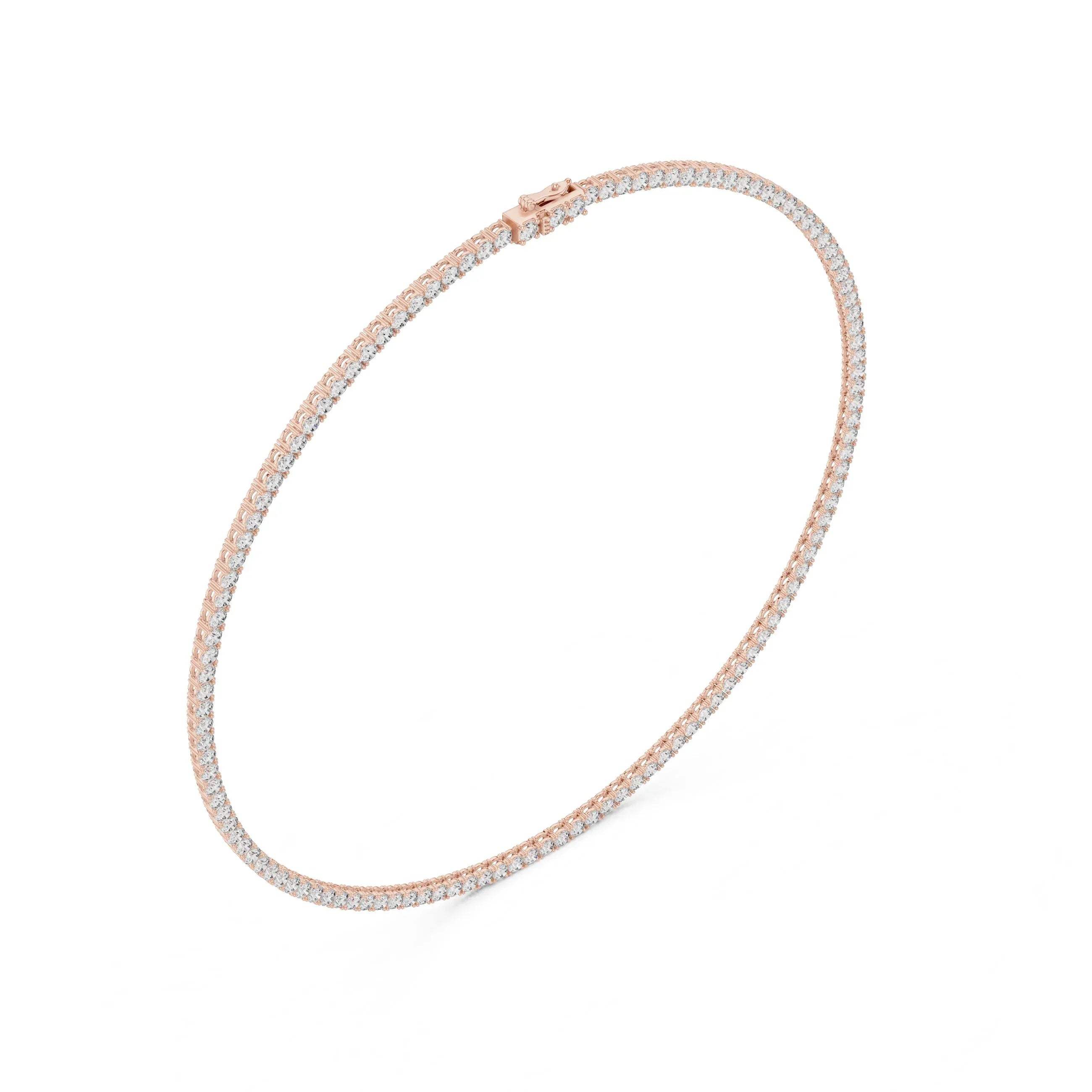 Rose gold tennis necklace with real diamonds on a white background