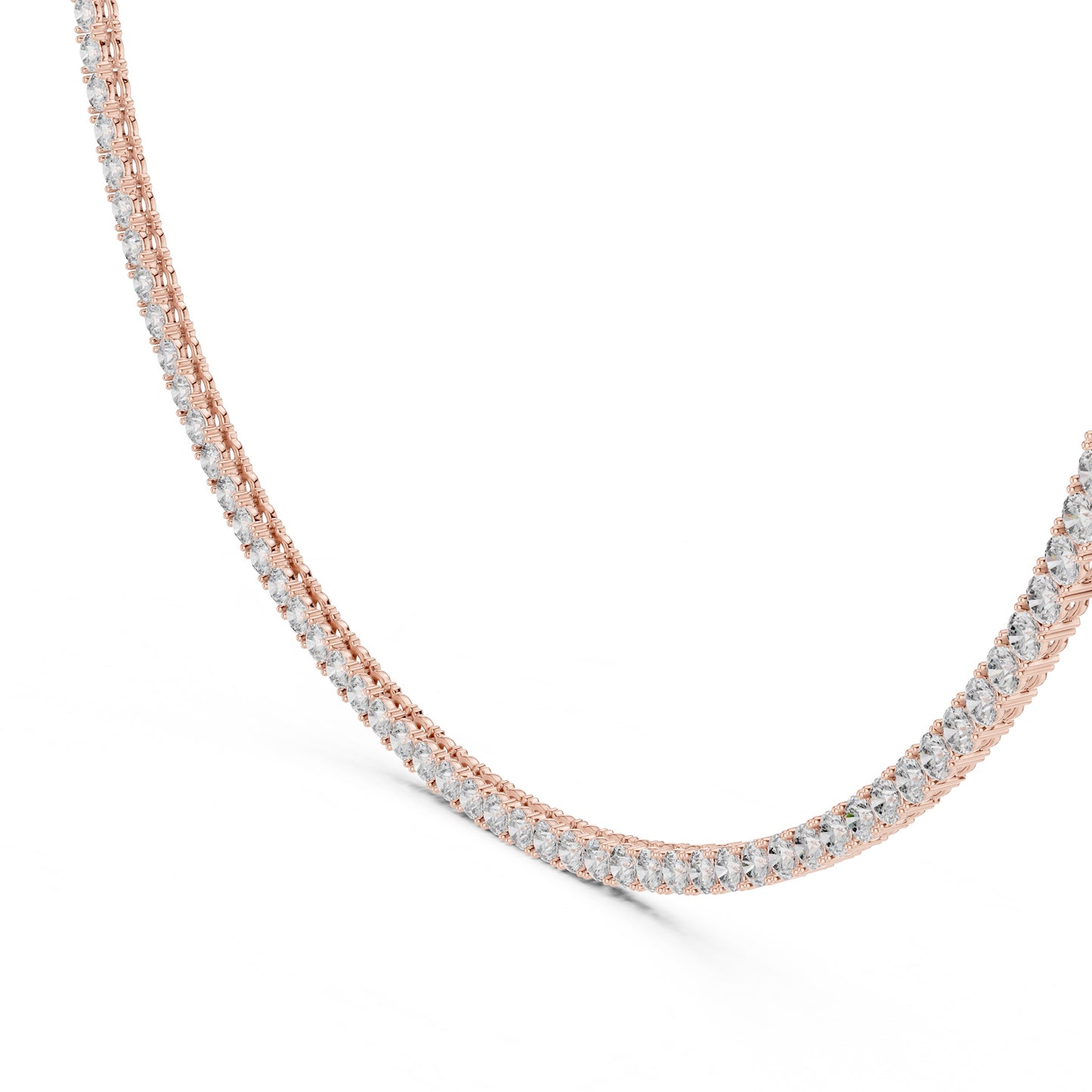Rose gold tennis necklace with real diamonds on a white background