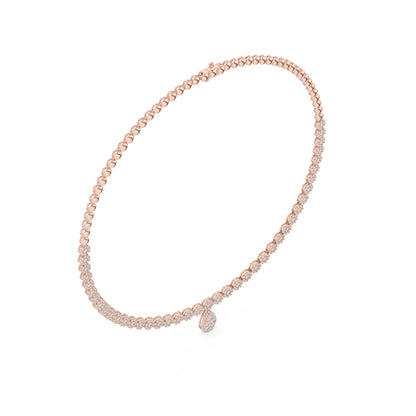 Rose gold and real diamond tennis necklace with a small pendant on a white background