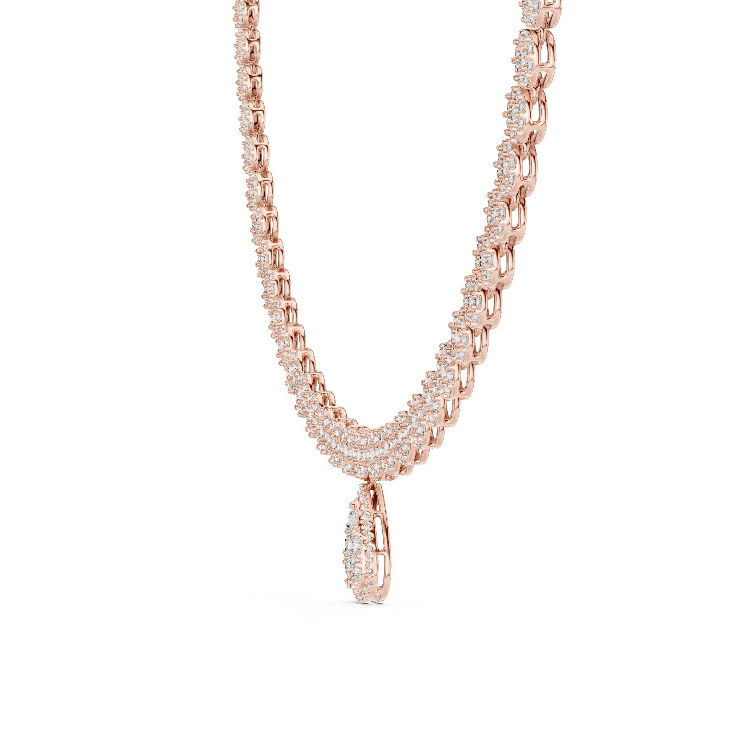 Rose gold and real diamond tennis necklace with a pear shape pendant on a white background