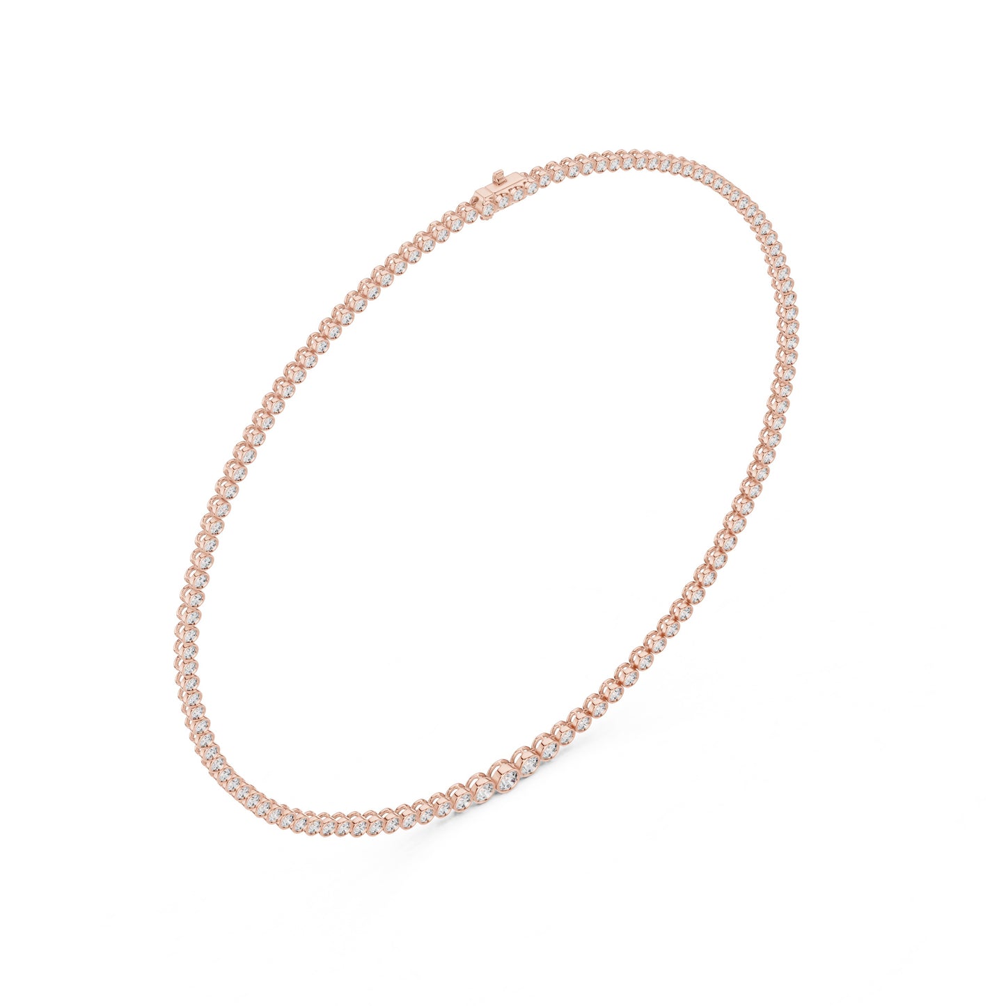 Rose gold tennis necklace with real diamonds in bezel setting on a white background.