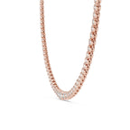 Rose gold tennis necklace with real diamonds in bezel setting on a white background