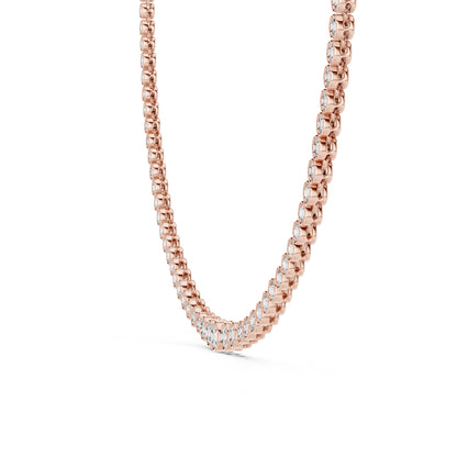 Rose gold tennis necklace with real diamonds in bezel setting on a white background