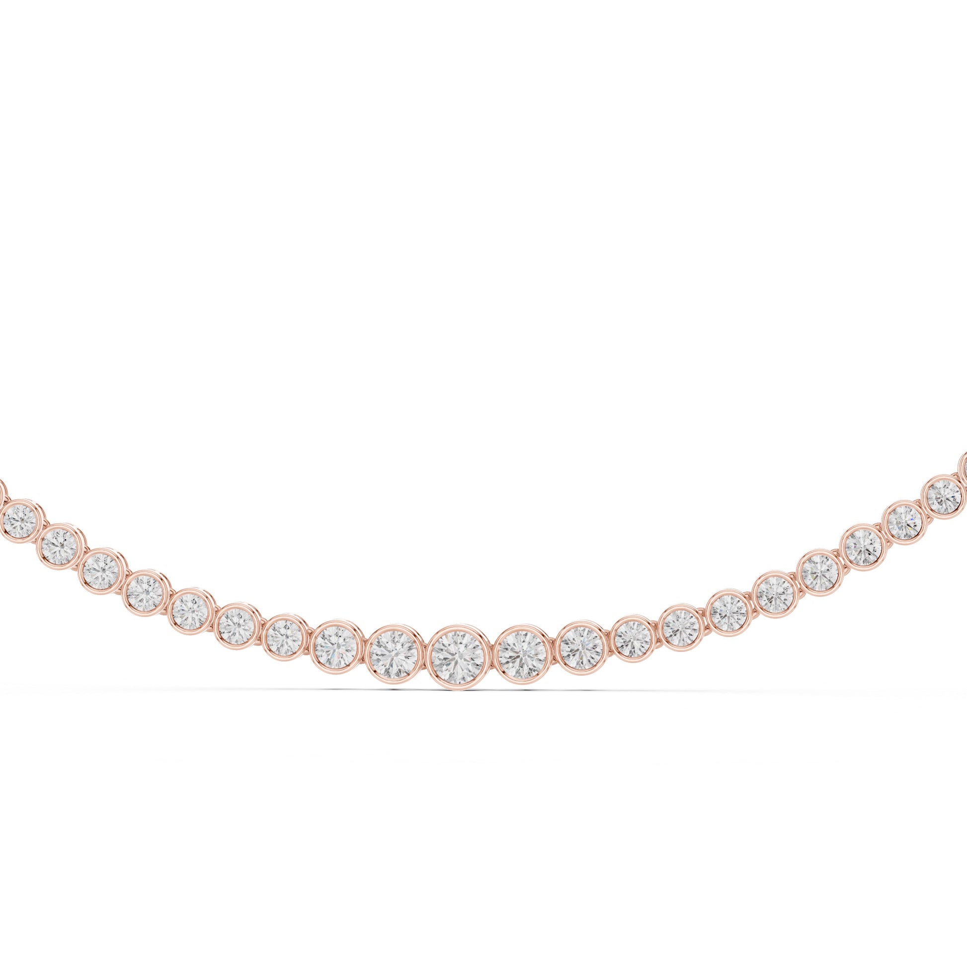 Rose gold tennis necklace with real diamonds in bezel setting on a white background