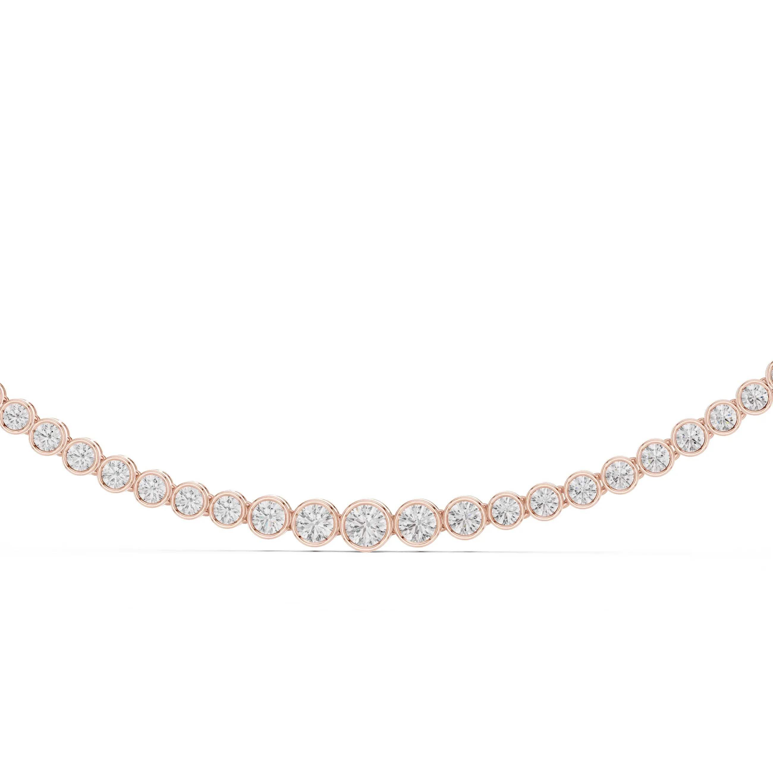 Rose gold tennis necklace with real diamonds in bezel setting on a white background