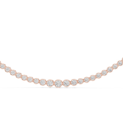 Rose gold tennis necklace with real diamonds in bezel setting on a white background