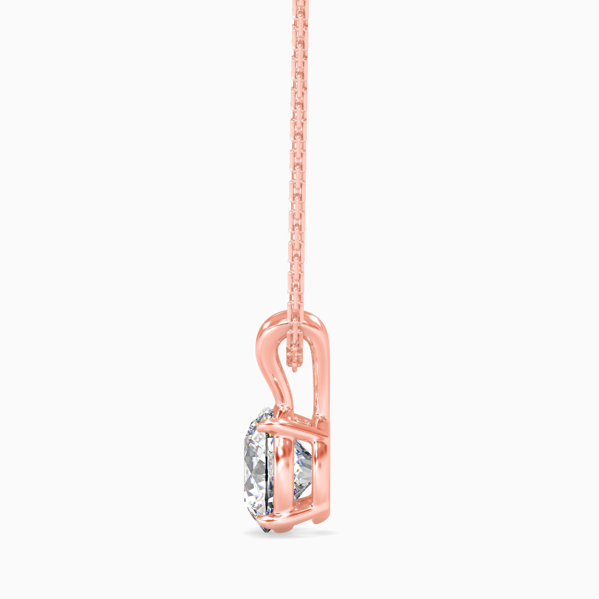 Rose gold necklace with a solitaire diamond pendant on a white background