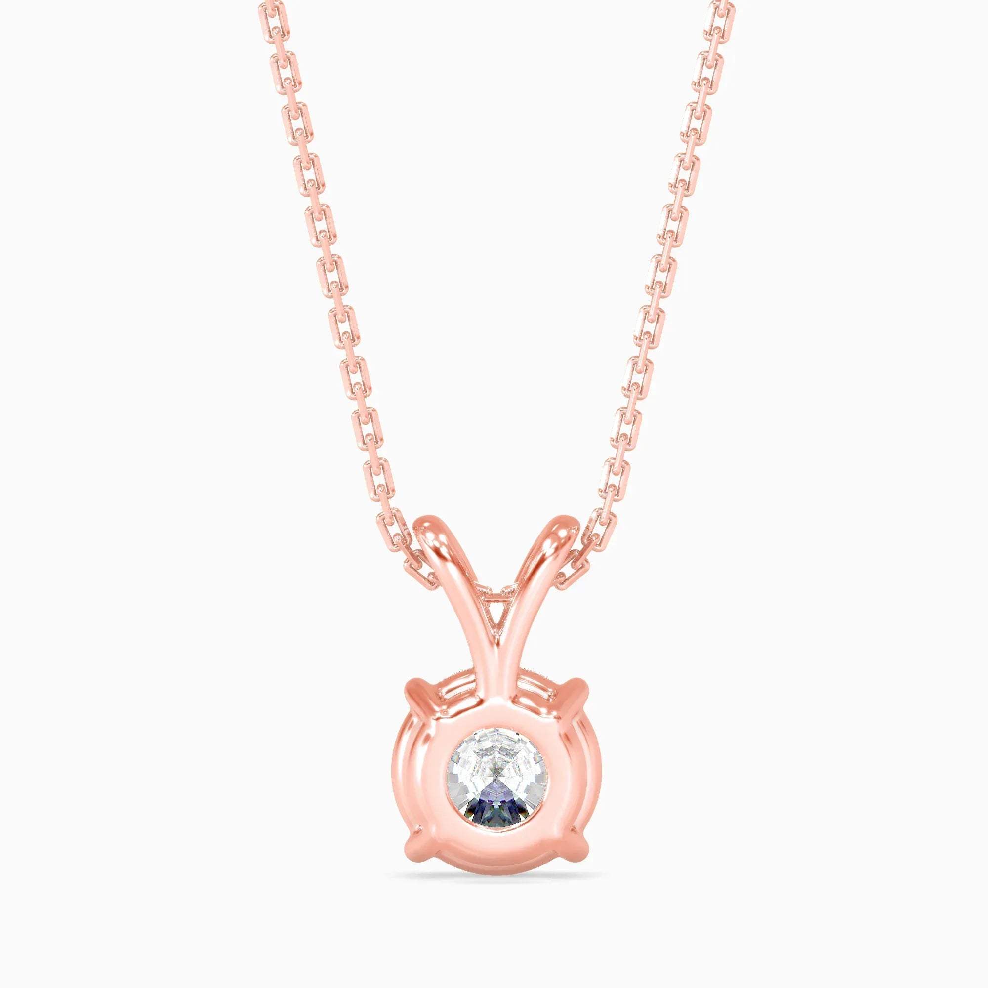 Rose gold necklace with a round diamond pendant on a white background