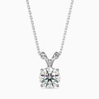 White gold solitaire diamond necklace on a white background.