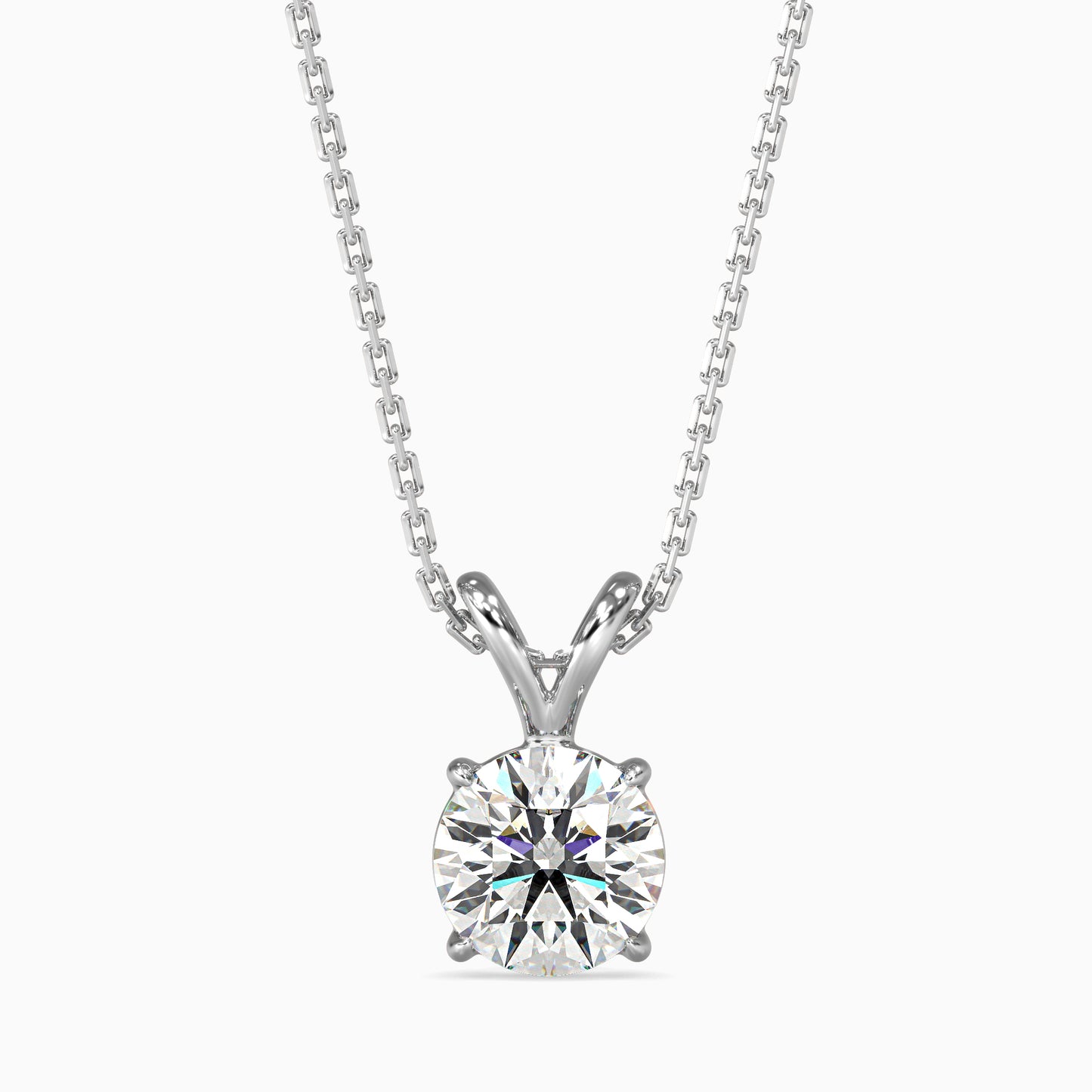 White gold solitaire diamond necklace on a white background