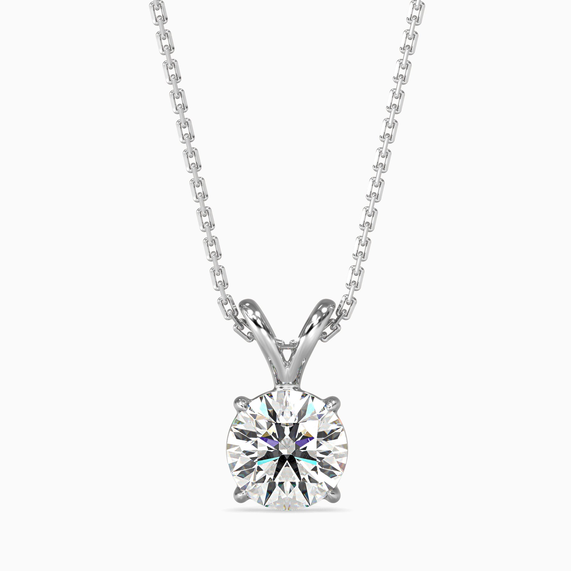 White gold solitaire diamond necklace on a white background