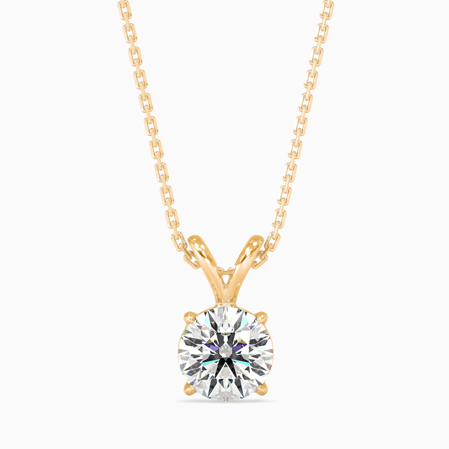 Yellow gold necklace with a round solitaire diamond pendant on a white background
