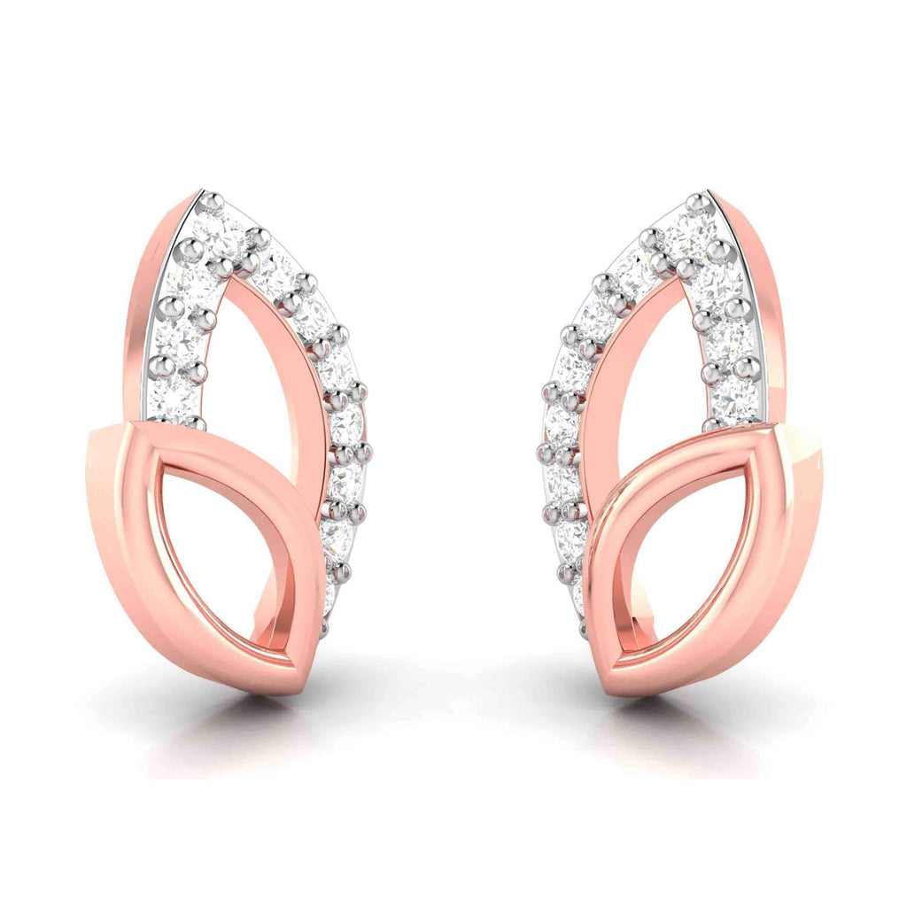 Rose gold earrings with diamond accents on a white background