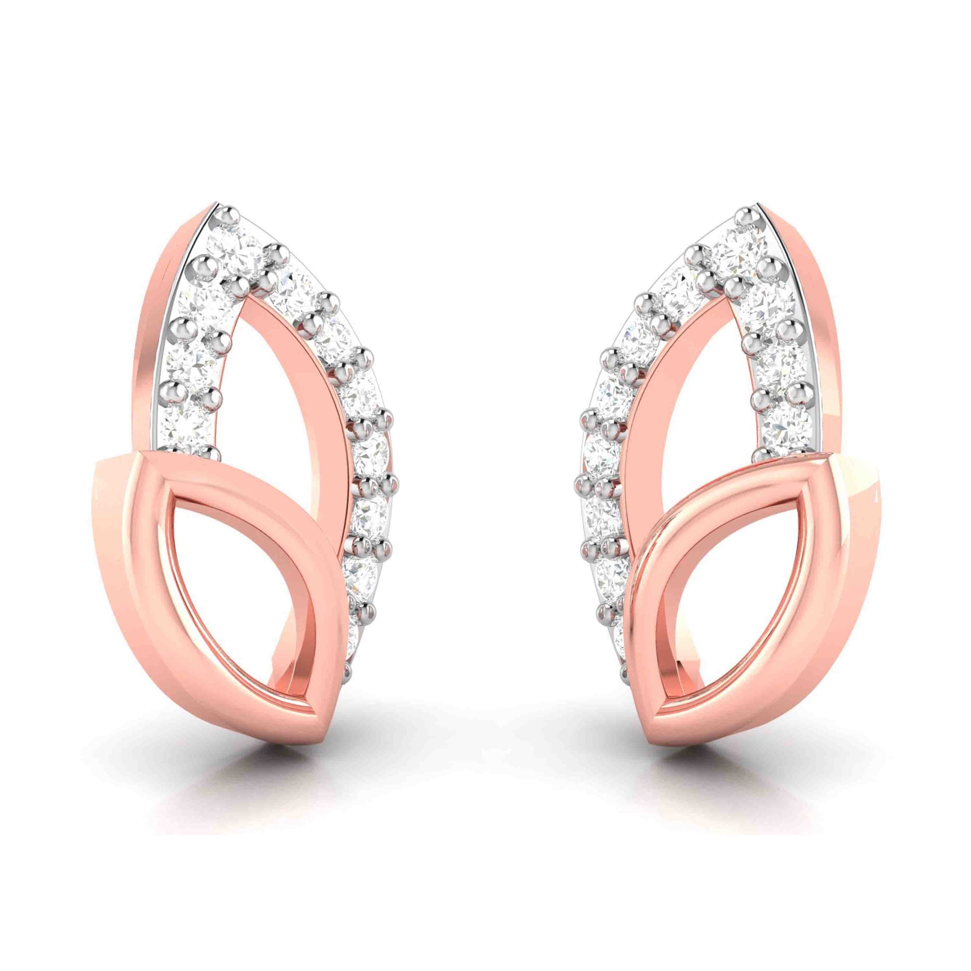 Rose gold earrings with diamond accents on a white background