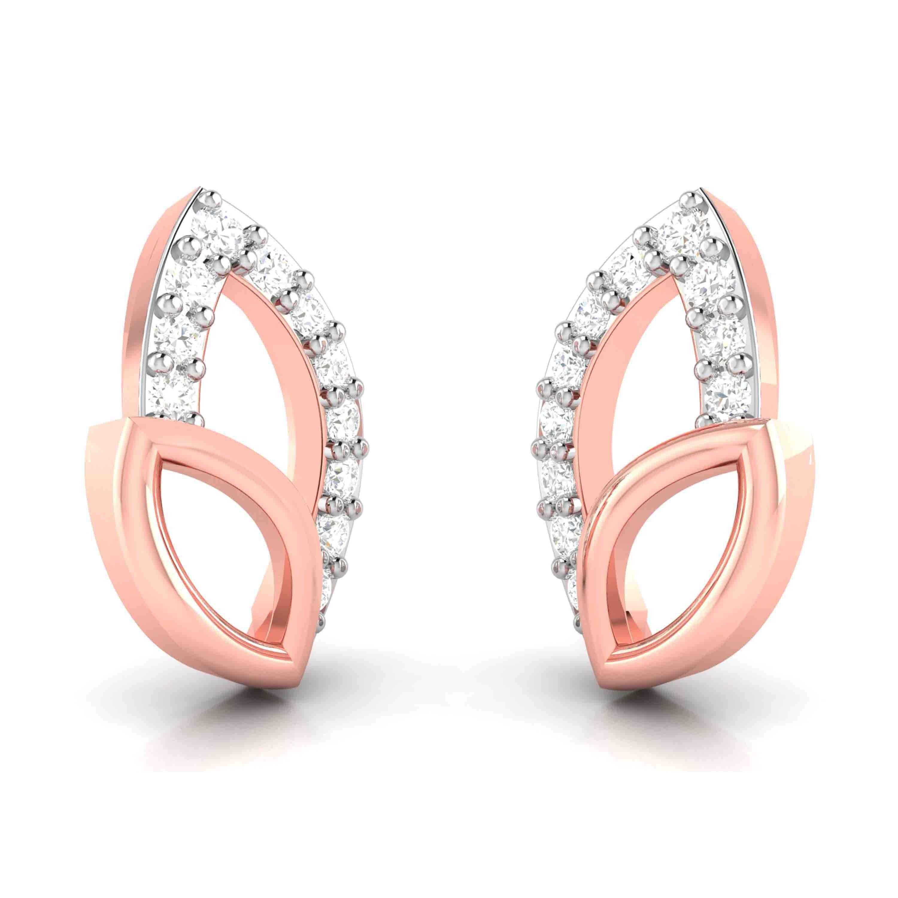 Rose gold earrings with diamond accents on a white background