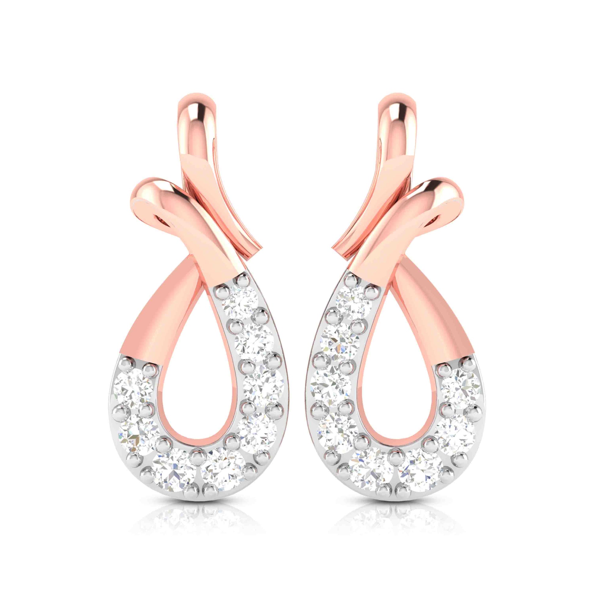 Rose gold diamond earrings on a white background