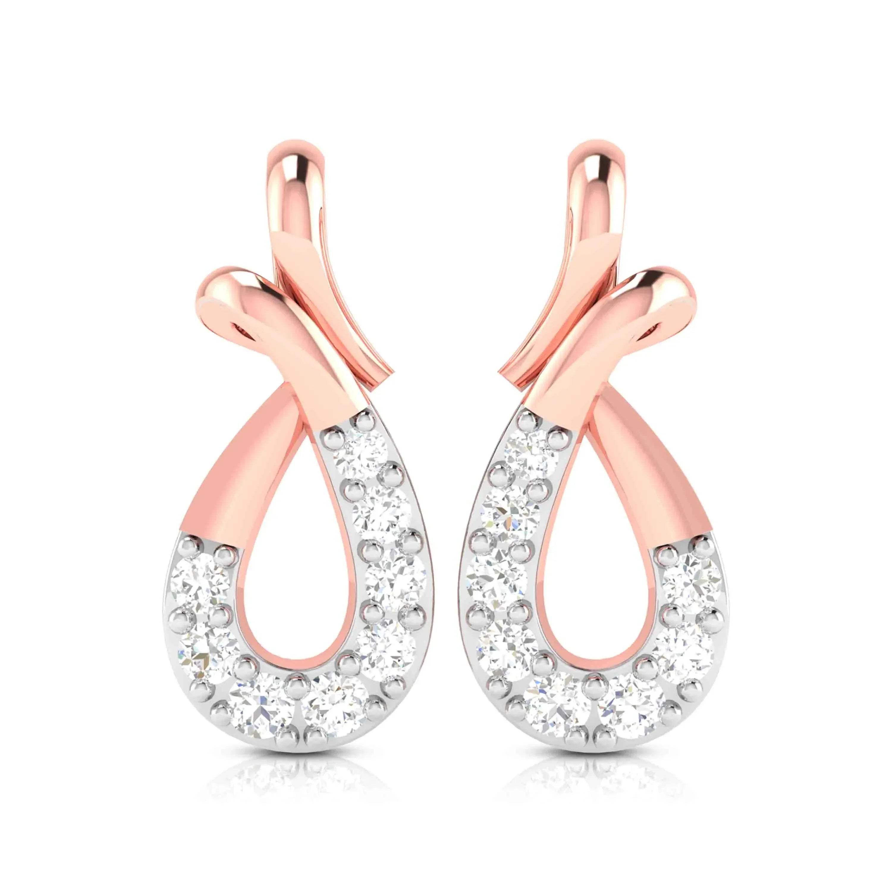 Rose gold diamond earrings on a white background