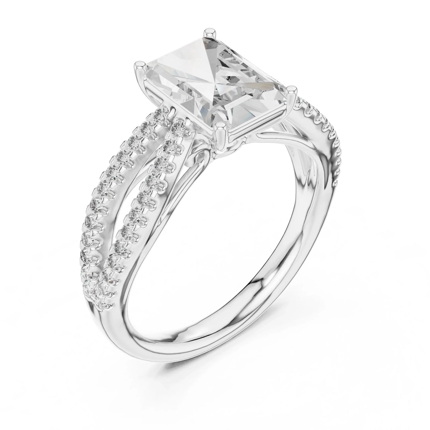 White gold ring with a large central diamond and smaller diamonds on the band against a white background