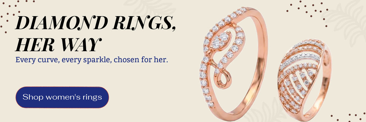 Promotional banner for women's rings featuring rose gold jewelry with clear stones, including a pave set diamond ring, and a curved band ring, alongside the text 'DIAMOND RINGS, HER WAY' and a blue 'Shop women's rings' button.