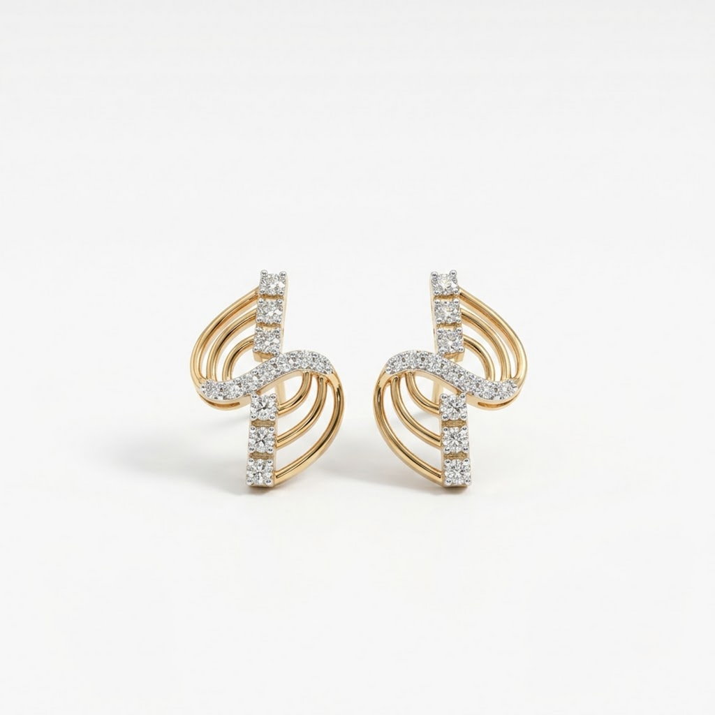 A pair of gold and diamond stud earrings with a curved, layered design, photographed on a clean white background.