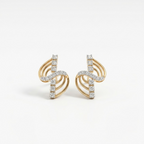 A pair of gold and diamond stud earrings with a curved, layered design, photographed on a clean white background.