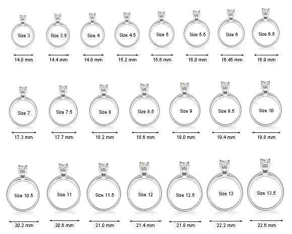 Set of diamond rings trays in various sizes with measurements.