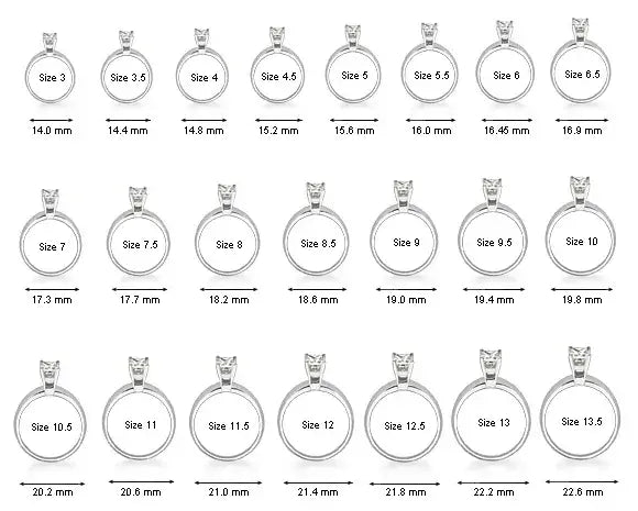 Set of diamond rings trays in various sizes with measurements.