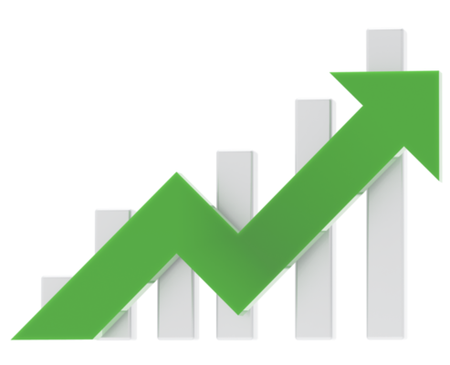 Green upward arrow over white bar chart on a white background