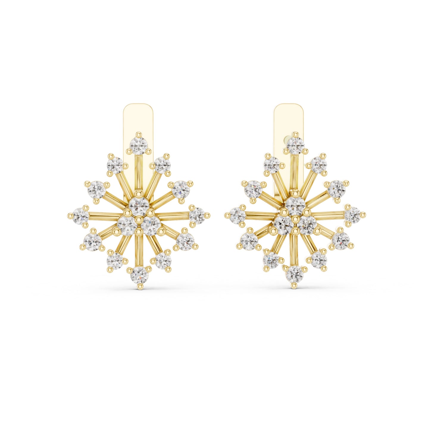 Yellow gold and lab grown diamond snowflake earrings on a white background