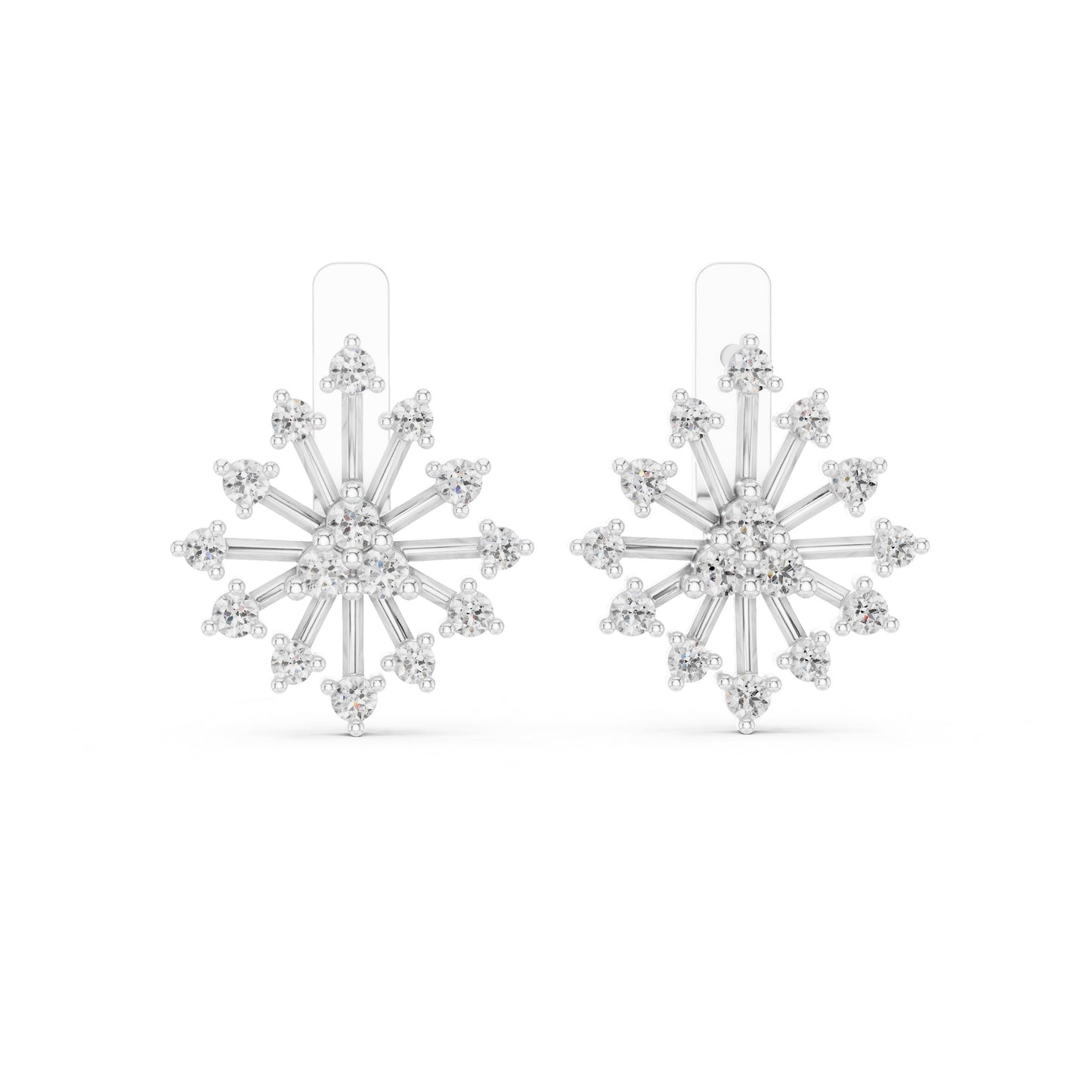 Snowflake-shaped white gold earrings with clear lab grown diamonds on a white background