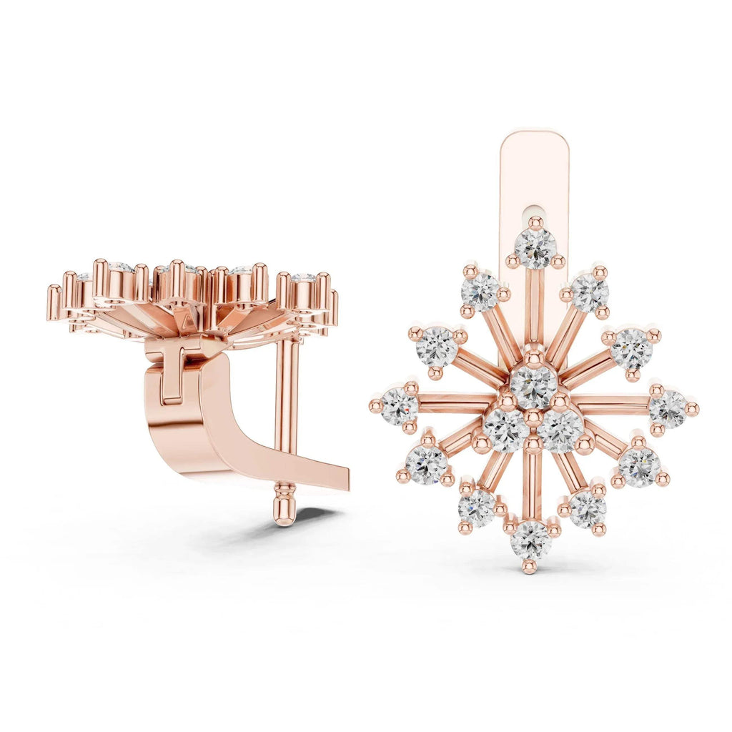 Rose gold snowflake-shaped earring with clear lab grown diamonds on a white background