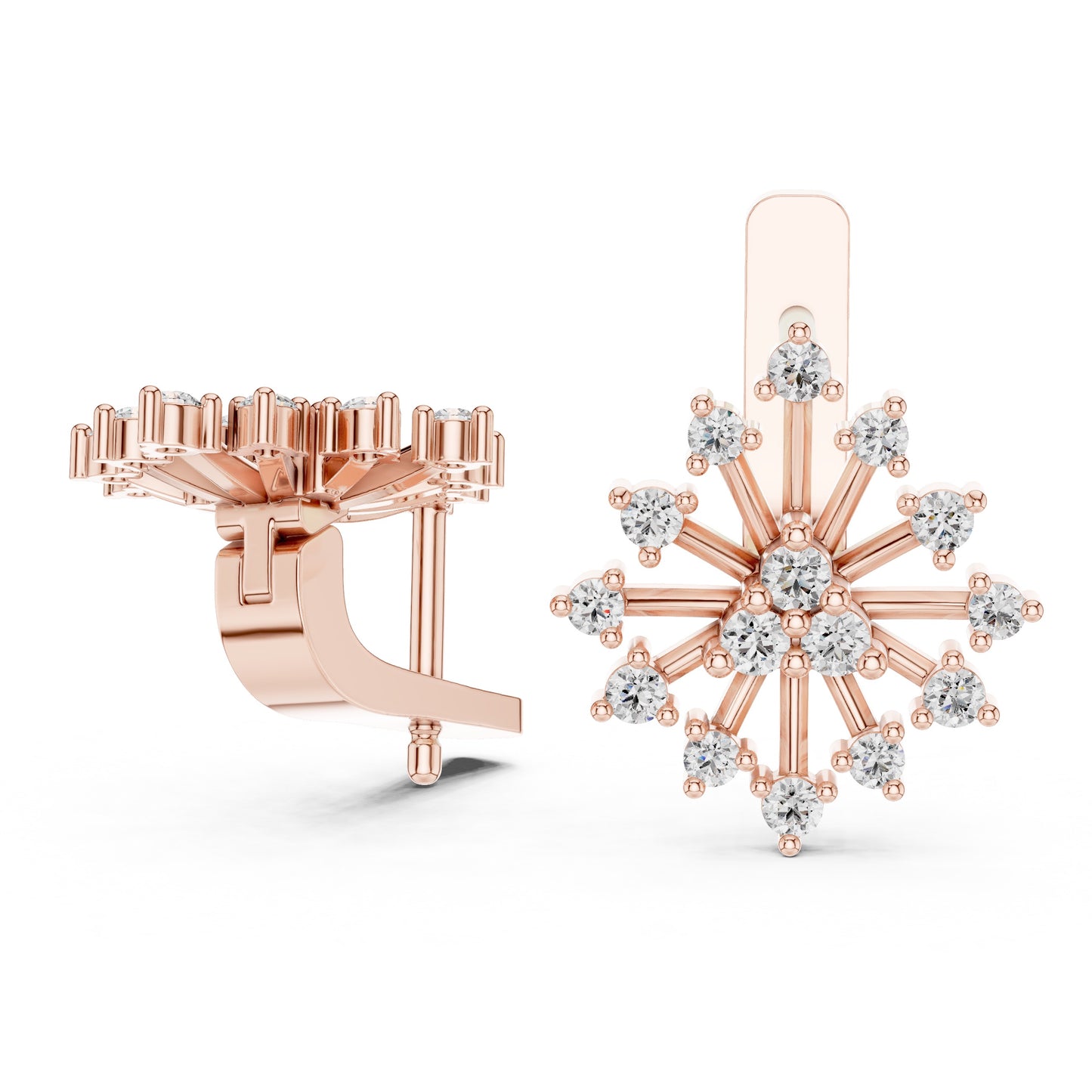 Rose gold snowflake-shaped earring with clear lab grown diamonds on a white background