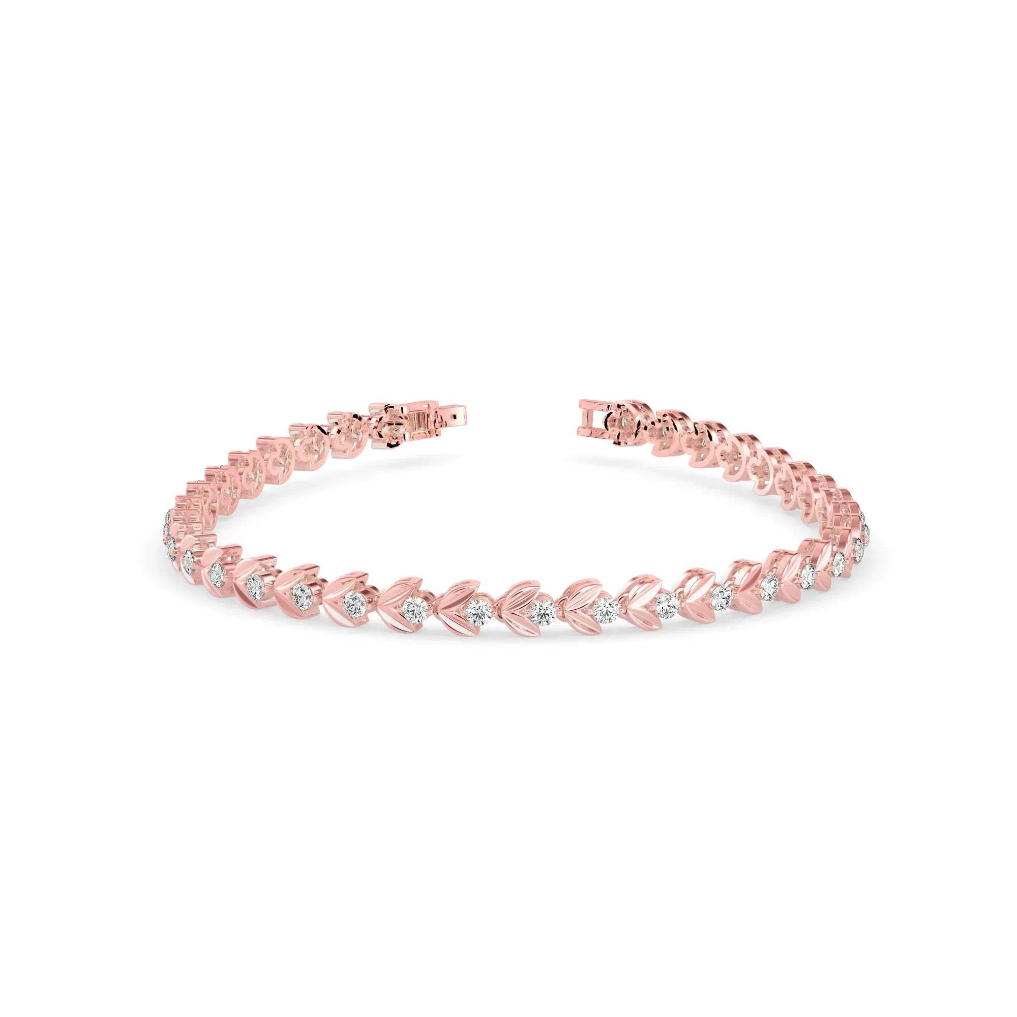 Gold bracelet with small lab grown diamonds on a white background.