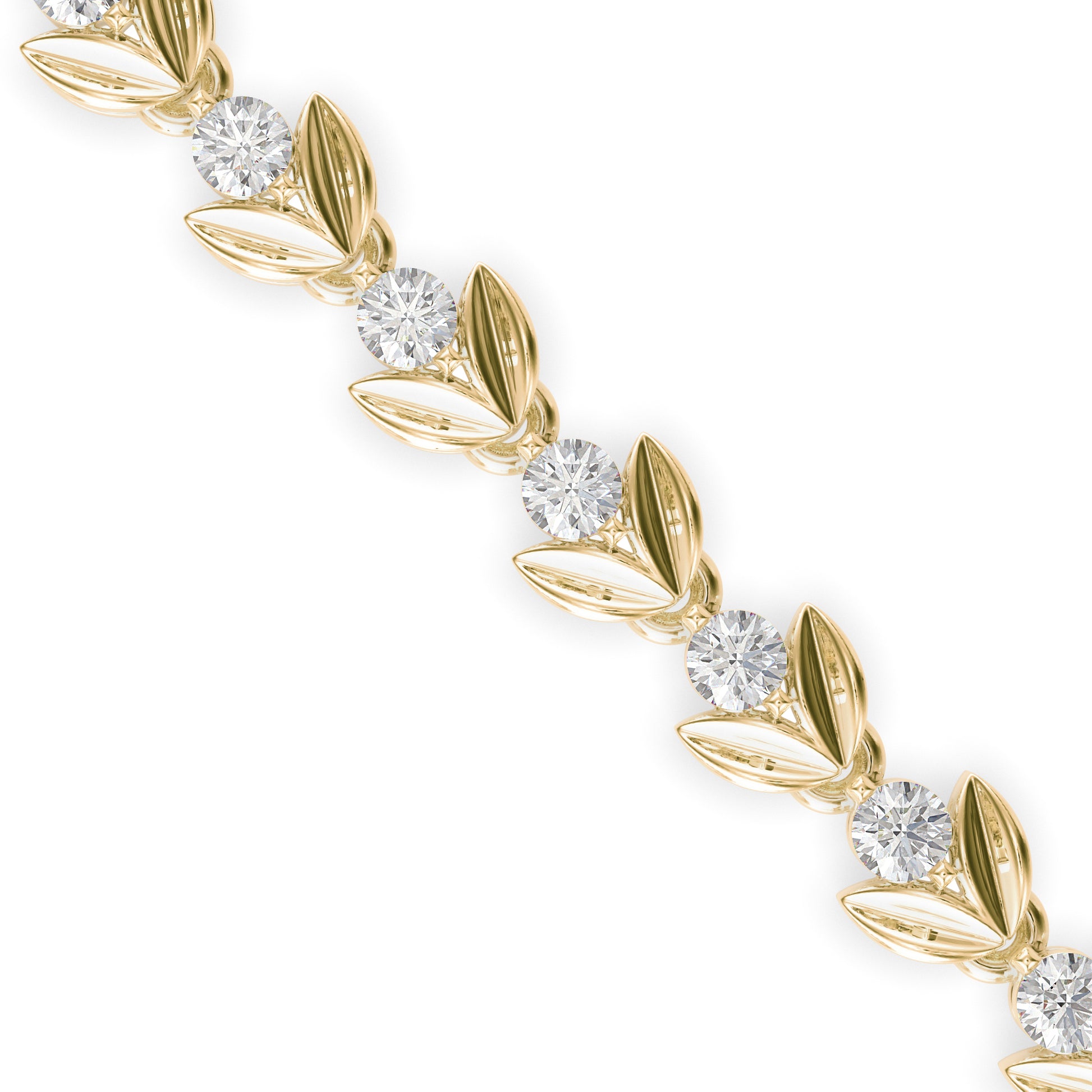 Gold bracelet with small lab grown diamonds on a white background.