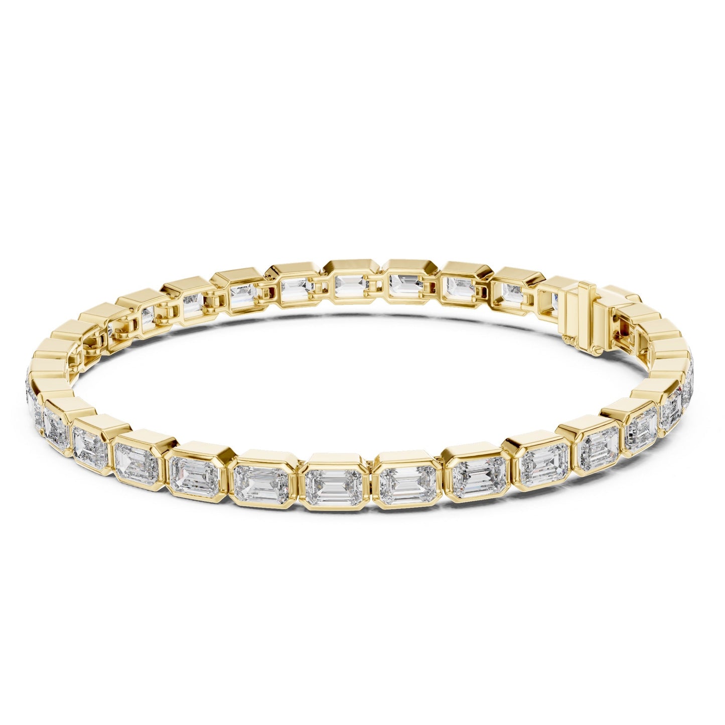 Yellow gold bracelet with emerald-cut lab grown diamond accents on a white background