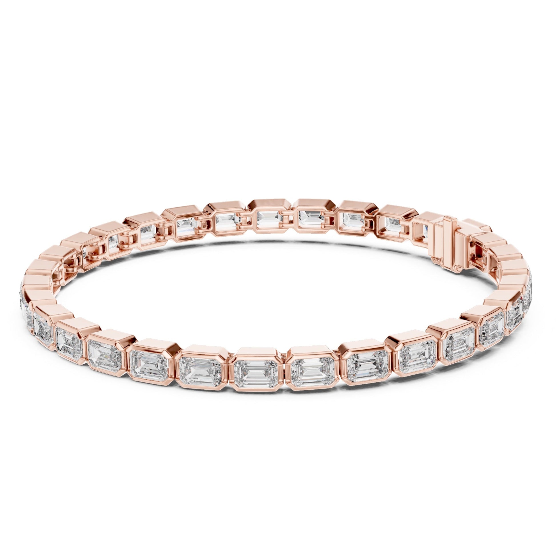Rose gold bracelet with emerald-cut lab grown diamond accents on a white background.